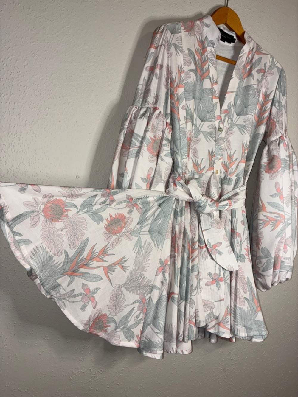 Button-Front Floral Mini Dress in White with Coral & Sage - Picture 7 of 9